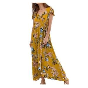 Band Of Gypsies NWT Gold Floral Faux Wrap Ruffle Hem Flutter Sleeve Maxi Dress M